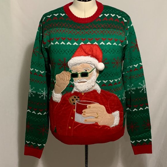 Ugly Christmas Sweater Santa Milk Glass Cup Beer Drink Holder Mens Womens XXL - Picture 3 of 5